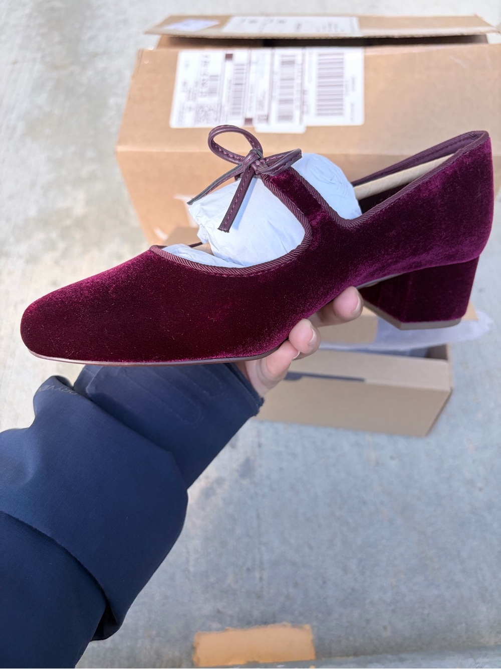 J. Crew Velvet Mary Jane Block Heel in Wine/Burgundy